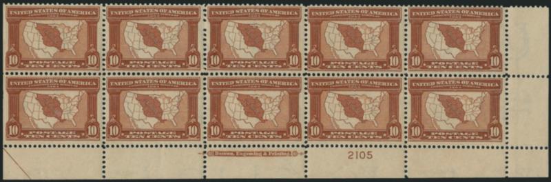 10c Louisiana Purchase (327).> Mint N.H. bottom right corner imprint, plate no. 2105 and half-arrow block of ten, wonderfully crisp and intact, Fine-Very Fine