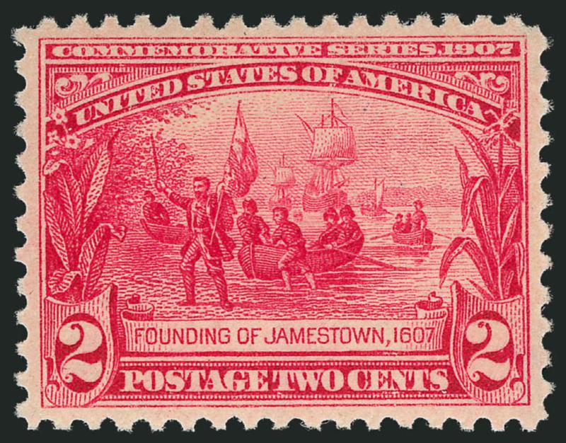 2c Jamestown (329).> Mint N.H., almost perfectly centered with excellent margins for this tightly spaced issue, vivid color, Extremely Fine Gem, with 2010 P.S.E. certificate (XF-Superb 95 SMQ $720.00)
