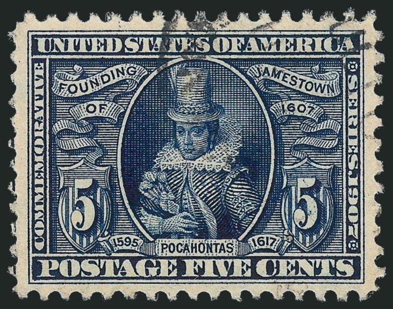 5c Jamestown (330).> Unusually choice centering with wide and balanced margins all around, rich color on bright paper, unobtrusive strike of registry oval cancel at top, Extremely Fine Gem, a very difficult
issue to obtain with such superb centering,