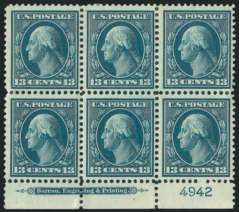 13c Blue Green (339).> Bottom imprint and plate no. 4942 block of six, one h.r., pos. 4 natural wrinkle, Fine-Very Fine