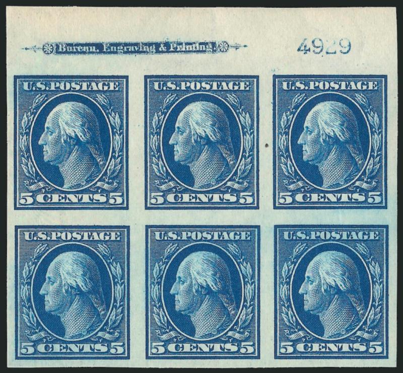 1c-5c 1908-09 Issue, Imperforate (343-347).> Imprint and plate no. blocks of six, 1c and 5c Mint N.H., 2c creases, otherwise Very Fine-Extremely Fine, 5c with 2005 P.S.E. certificate
