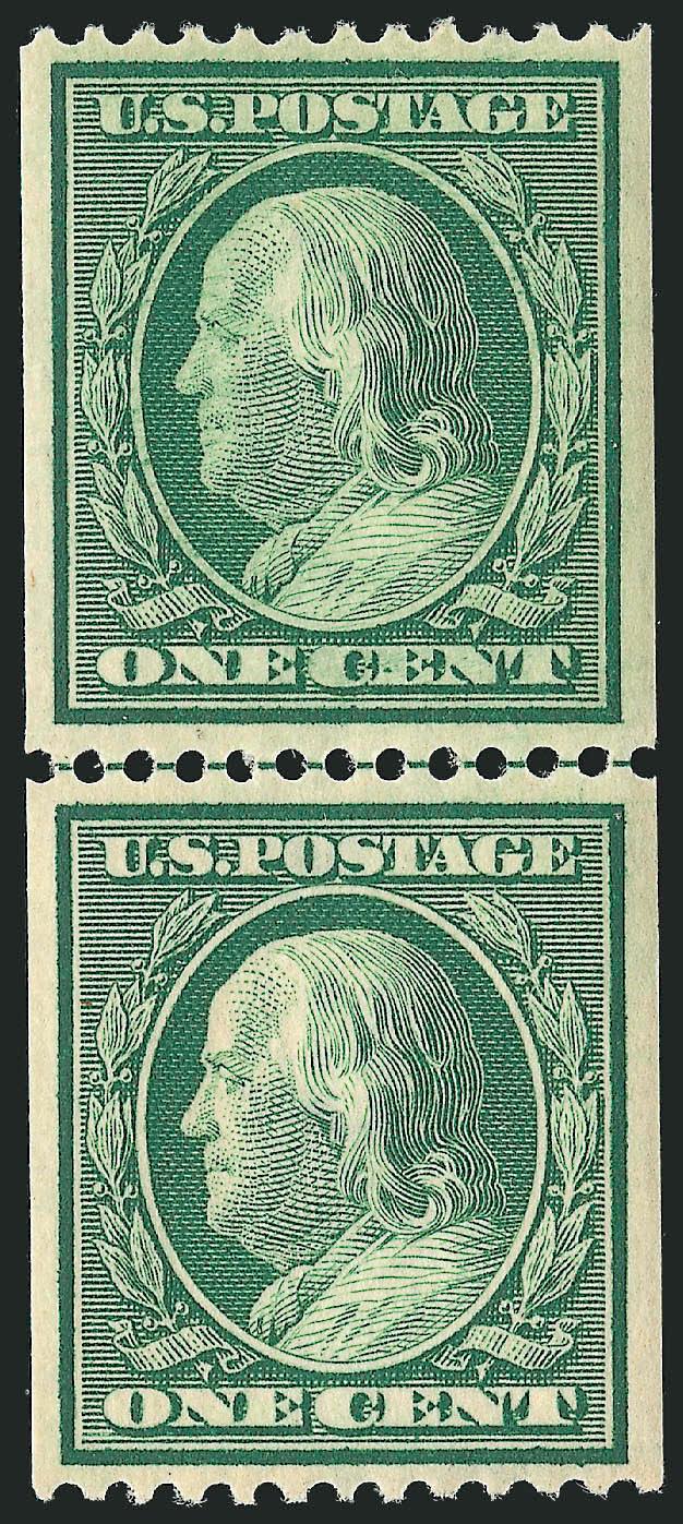 1c Green, Coil (348).> Mint N.H. guide line pair, brilliant color and gorgeous centering, Extremely Fine Gem, with 2008 P.S.E. certificate (XF-Superb 95 SMQ $1,500.00)