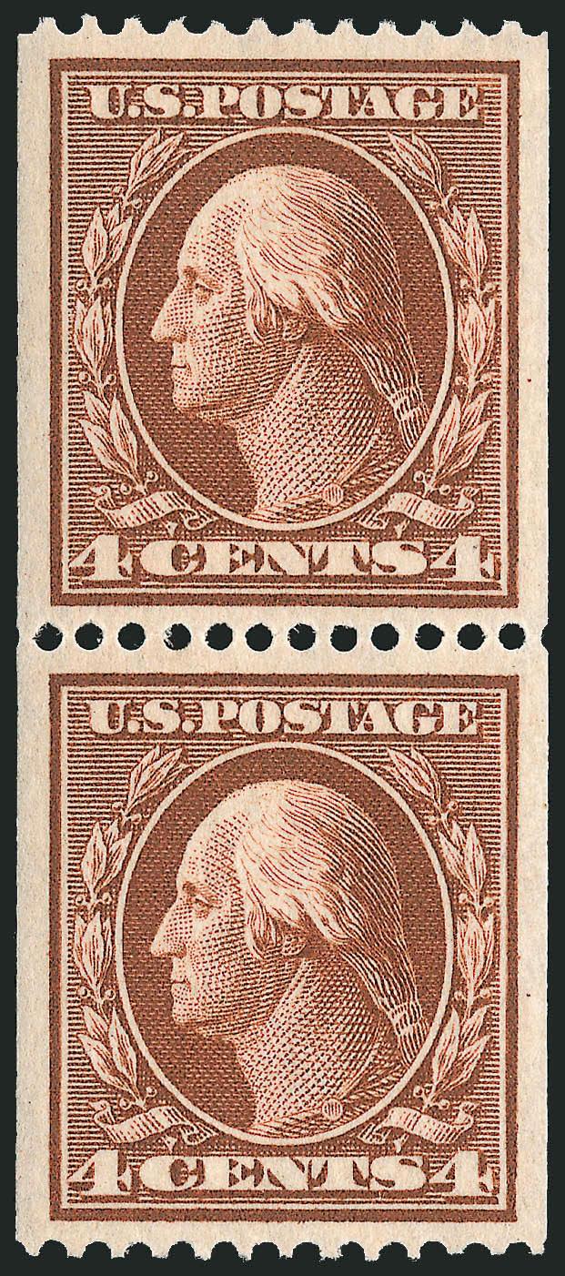 4c Orange Brown, Coil (350).> Pair, lightly hinged, gorgeous centering with wide margins, rich color, Extremely Fine Gem, with 2005 P.F. certificate
