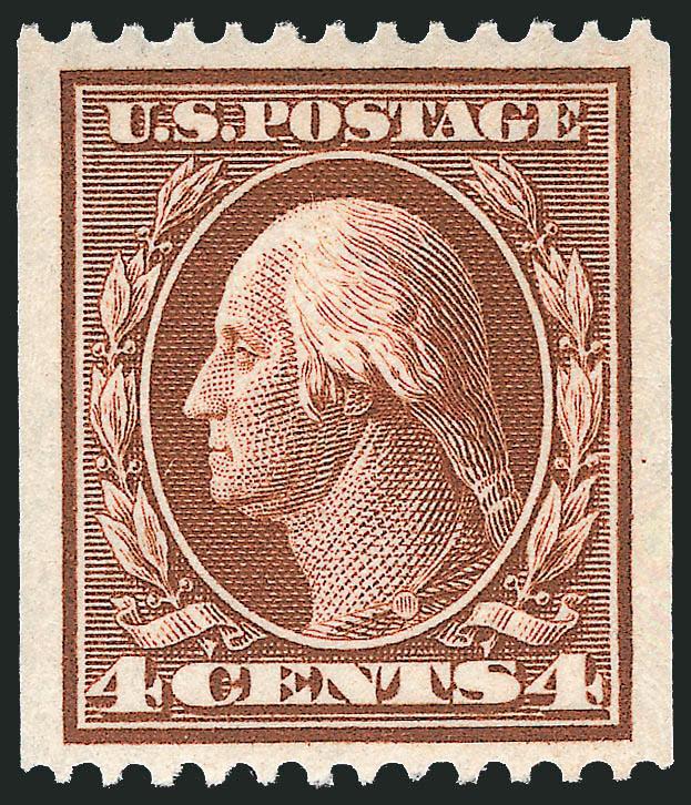 4c Orange Brown, Coil (350).> Barely hinged, deep rich color and proof-like impression on bright paper, unusually wide margins, fresh and Extremely Fine, a beautiful stamp, with 1993 P.S.E. and 2009 P.F.
certificates, the former as Mint N.H.