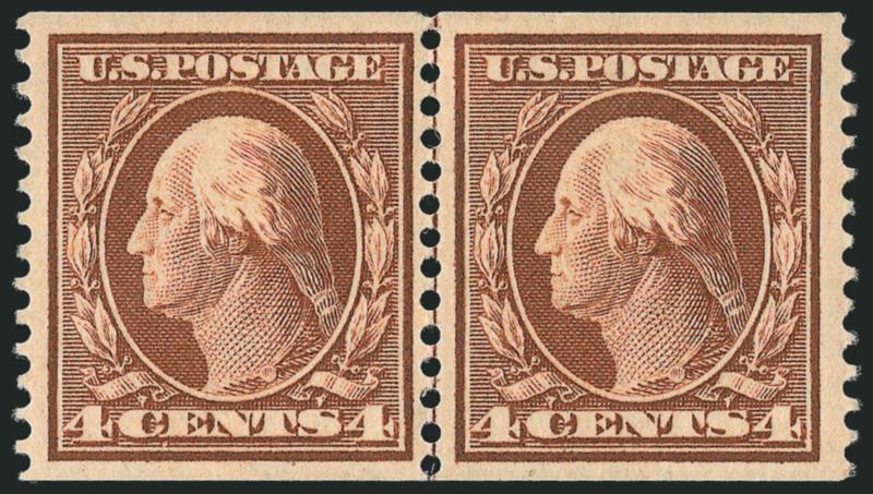 4c Orange Brown, Coil (354).> Guide line pair, lightly hinged, lovely color and impression, Very Fine and choice, with 1985 P.F. and 2009 P.S.E. certificates (OGph, VF-XF 85 SMQ $1,500.00)