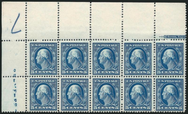 5c Blue (378).> Mint N.H. horizontal block of ten (5 x 2) with top left corner selvage, 3mm spacing, attractive centering, Fine-Very Fine, Scott Retail as ten Mint N.H. singles