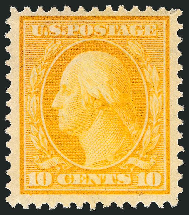 10c Yellow (381).> Mint N.H., vibrant color, tiny natural perf disc indent behind top right corner perf not mentioned on accompanying certificate, Very Fine, with 1993 P.F. certificate