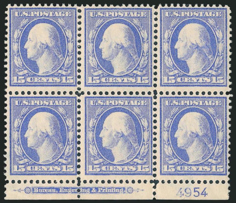 15c Pale Ultramarine (382).> Bottom imprint and plate no. 4954 block of six, pos. 2 small h.r., others Mint N.H., Fine