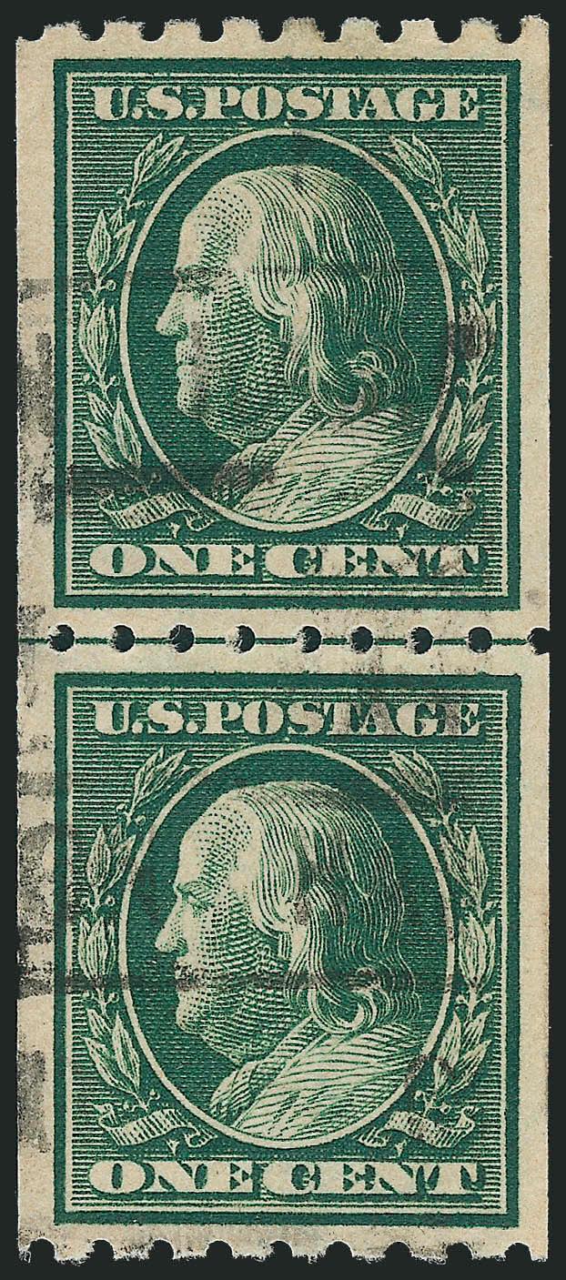 1c Green, Coil (390).> Guide line pair, well-centered, rich color, boxed cancel, .Extremely Fine with 2010 P.S.E. certificate (XF 90 SMQ $280.00)