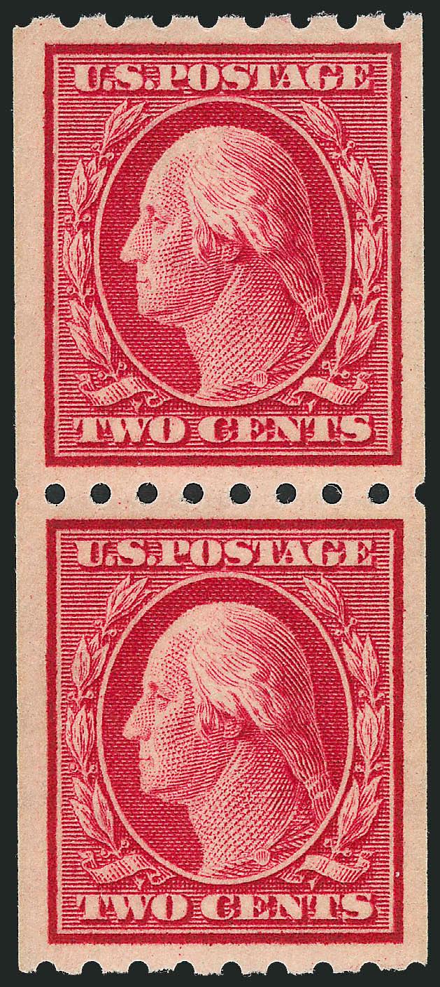2c Carmine, Coil (391).> Mint N.H. pair, wide margins, precise centering, vivid color on crisp paper, Extremely Fine, with 1991 P.F. certificate for strip, and 1996 and 2010 P.F. certificates (XF 90 SMQ
$385.00)