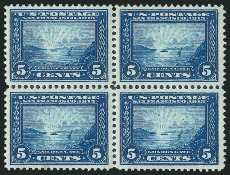 5c Panama-Pacific (399).> Block of four, top pair lightly hinged, bottom pair Mint N.H., couple natural gum bends, bottom left small oily translucency in bottom margin, otherwise Extremely Fine
