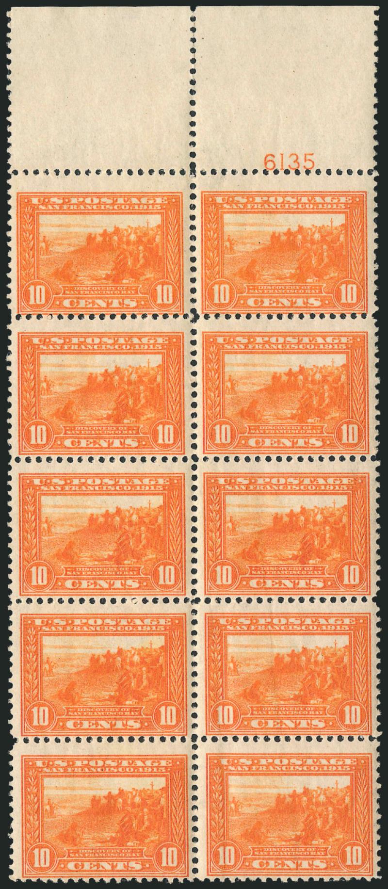10c Orange, Panama-Pacific (400A).> Mint N.H. vertical block of 10 with plate no. 6135 selvage at top, warm color, centered to bottom, gum bends or creases affect bottom three stamps at right, overall Fine and
a scarce large multiple, Scott Retail as