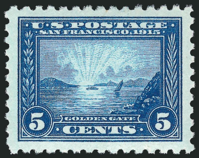 5c Panama-Pacific, Perf 10 (403).> Barely hinged, crisp impression on bright paper, unusually choice centering with Jumbo margins, Extremely Fine Gem, with 2010 P.S.E. certificate (OGph, XF-Superb 95 Jumbo SMQ
$310.00 as 95, $660.00 as 98)