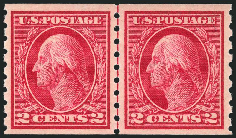 2c Carmine, Coil (413).> Mint N.H. guide line pair, rich color on bright paper, wonderfully well-centered, Extremely Fine, a beautiful guide line pair, with 1997 P.F. certificate