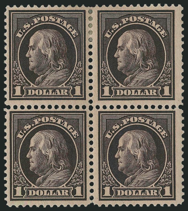 50c Violet, $1.00 Violet Brown (422-423).> Blocks of four, h.r., Fine