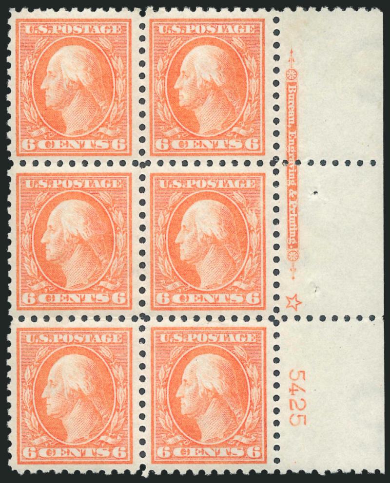 6c Red Orange (429).> Right hollow star, imprint and plate no. 5425 block of six, vivid color and extraordinarily well-centered, Extremely Fine