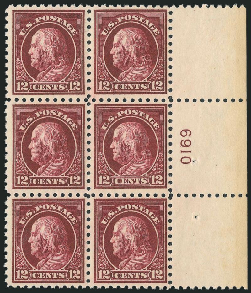 12c Claret Brown (435).> Wide right plate no. 6910 block of six, marvelous intense color, faintly hinged on extreme selvage edge, otherwise Mint N.H., Fine-Very Fine, Scott Retail as hinged