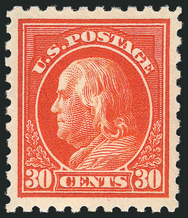 30c Orange Red (439).> Mint N.H., vibrant color as fresh as the day it was printed, beautiful centering with wide and balanced margins, long and full perforations all around<><>^EXTREMELY FINE GEM. A SUPERB
MINT NEVER-HINGED EXAMPLE OF THE 1914 30-