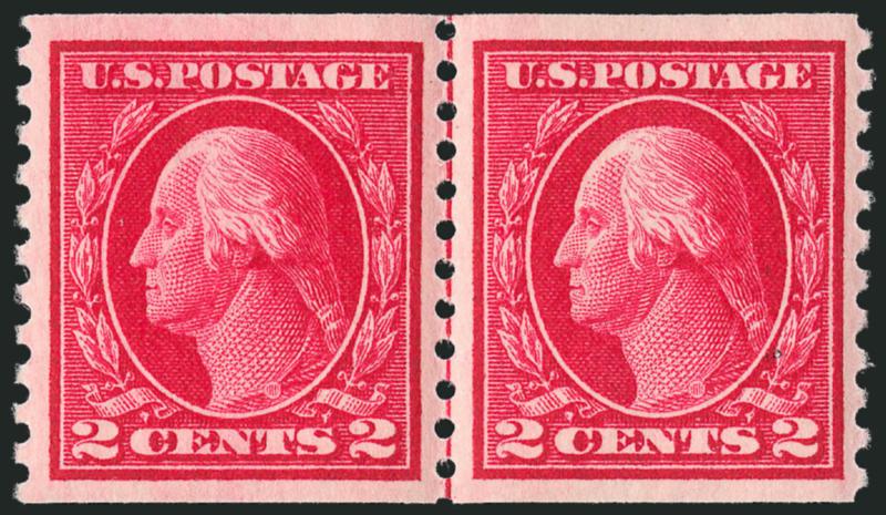 2c Carmine, Coil (444).> Mint N.H. guide line pair, brilliant color, wide margins, fresh and Extremely Fine, with 2011 P.S.E. certificate (VF-XF 85 SMQ $780.00)