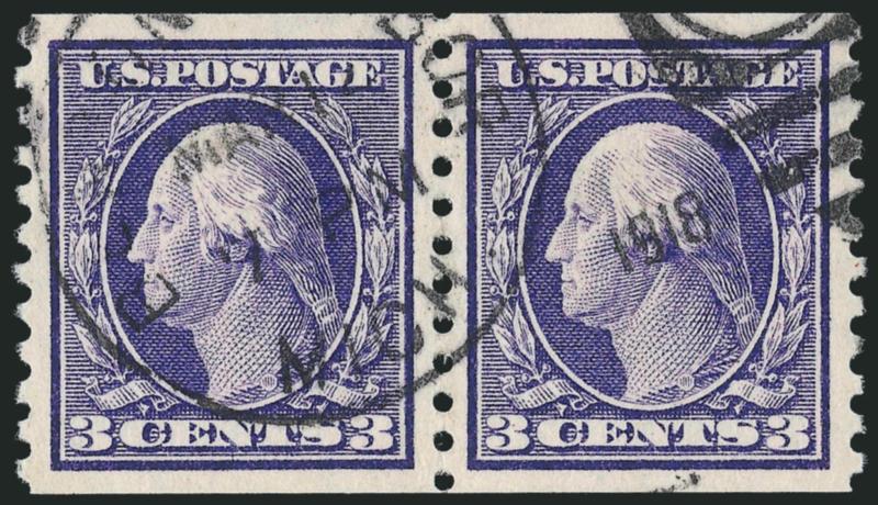3c Violet, Coil (445).> Pair, magnificent centering with wide margins all around, neat strike of Benton Harbor Mich. May 1, 1918 duplex cancel<><>^EXTREMELY FINE GEM. A STUNNING USED PAIR OF THE 3-CENT
HORIZONTAL COIL, SCOTT 445, IN THE FINEST CO