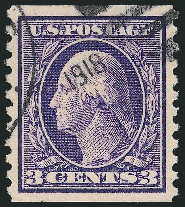 3c Violet, Coil (445).> Magnificent margins and centering, neat 1918 oval grid duplex cancel, Extremely Fine Gem, with 2010 P.S.E. certificate (XF-Superb 95 SMQ $1,100.00)
