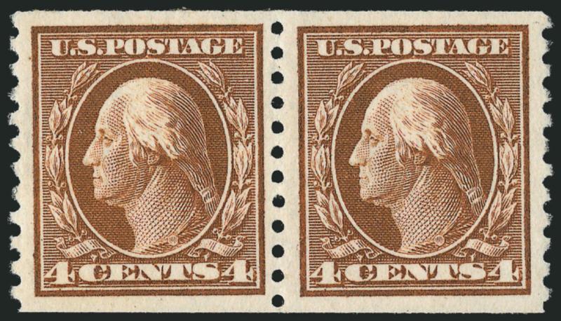 4c Brown, Coil (446).> Pair, lightly hinged, fresh color, Very Fine with right stamp Extremely Fine Gem, with 1979 P.F. certificate