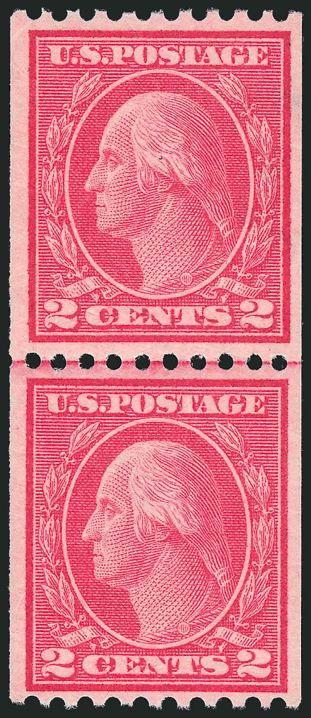 2c Carmine, Ty. III, Coil (450).> Mint N.H. joint line pair, exceptionally well-centered, fresh and bright, Very Fine, this centering is equivalent to Extremely Fine for many other rotary press coils as this
2c Ty. III coil is frustratingly difficult