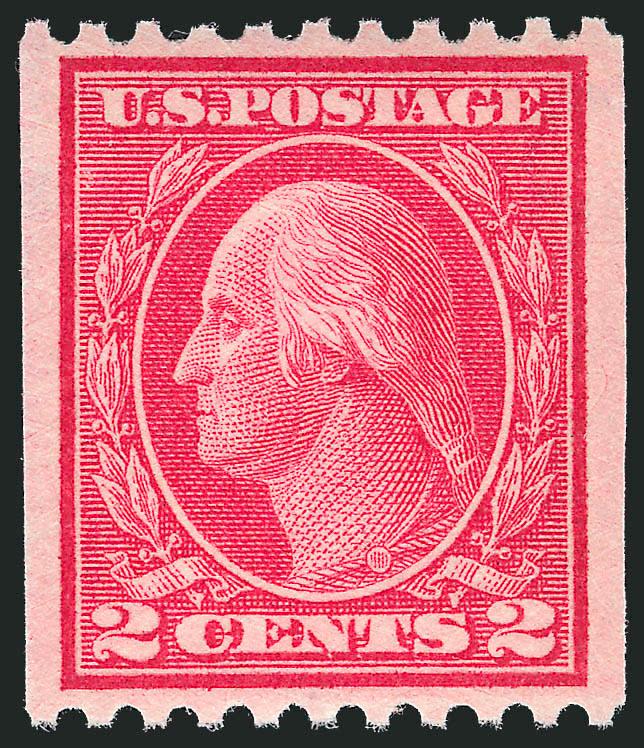 2c Carmine, Ty. III, Coil (450).> Mint N.H., radiant color on crisp paper, phenomenal centering with wide and balanced margins all around, Extremely Fine Gem, superb in every respect, with 2009 P.S.E.
certificate (Superb 98 SMQ $305.00), this is the