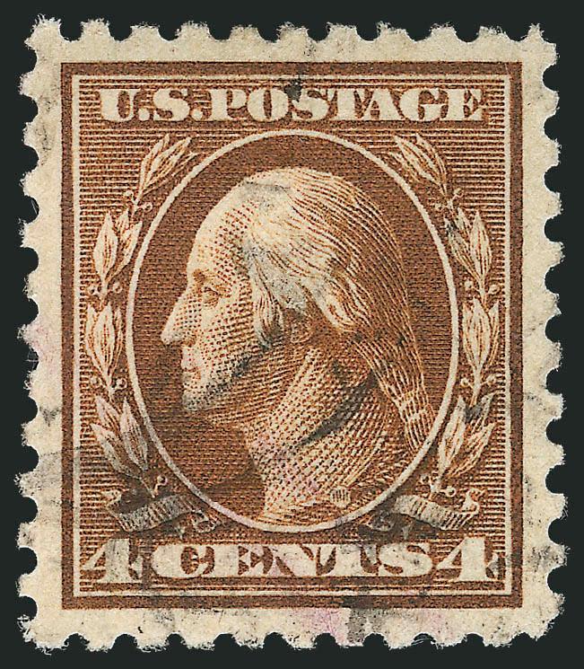4c Orange Brown (465).> Gorgeous centering with unusually wide and balanced margins, bright shade, neat circular datestamp and purple cancels, Extremely Fine Gem, a surprisingly difficult issue to obtain in
such choice used condition, with 2010 P.S.E