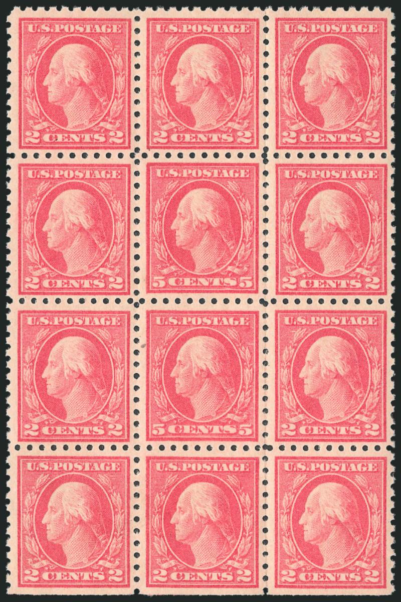5c Carmine, Error (467).> Block of twelve, middle pair the errors, both errors Mint N.H. except one with tacky original gum, bottom error tiny margin inclusion speck, otherwise Very Fine