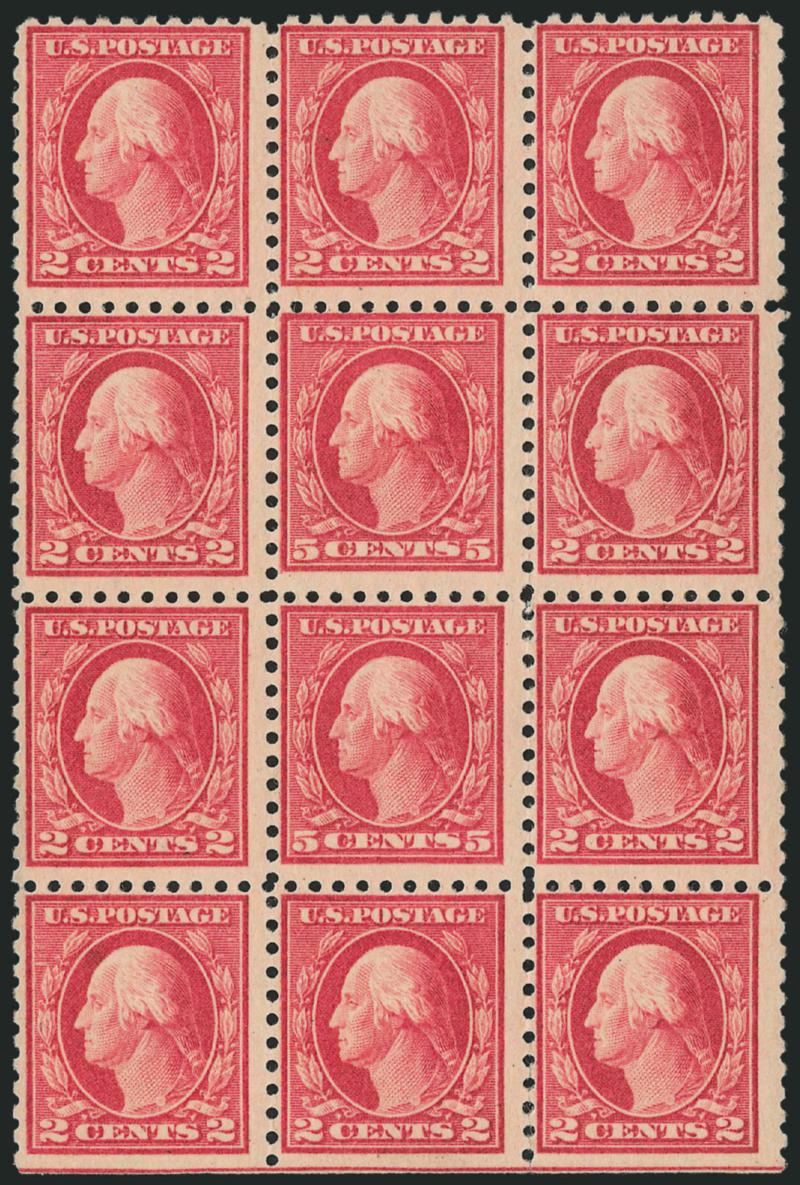 5c Carmine, Error (467).> Block of twelve, middle pair the errors which are Mint N.H., about Fine, with 2008 P.S.E. certificate, Scott Retail as hinged double error block of twelve