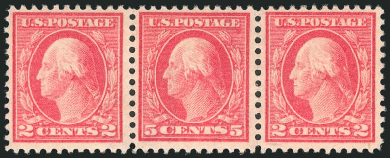 5c Carmine, Rose, Errors (467, 505).> Small collection of these popular errors, incl. No. 467 single (barely hinged if at all) and single error in strip of three (lightly hinged, surrounding stamps bit heavily
hinged), No. 505 Mint N.H. single and un
