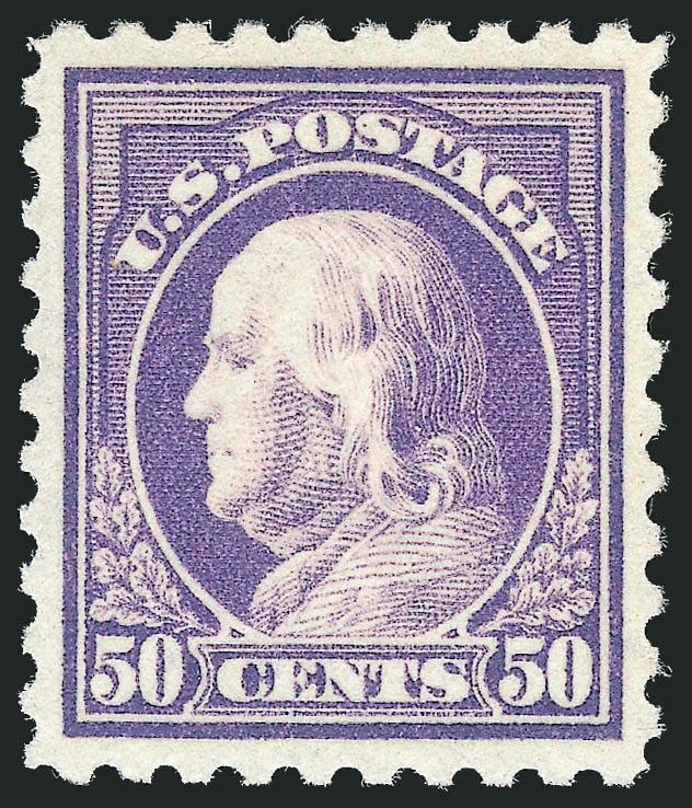 50c Light Violet (477).> Mint N.H., brilliant color on post-office fresh paper, choice centering with wide and balanced margins<><>^EXTREMELY FINE GEM. A SUPERB MINT NEVER-HINGED EXAMPLE OF THE 50-CENT PERF 10
FRANKLIN ISSUE ON UNWATERMARKED PAPER,