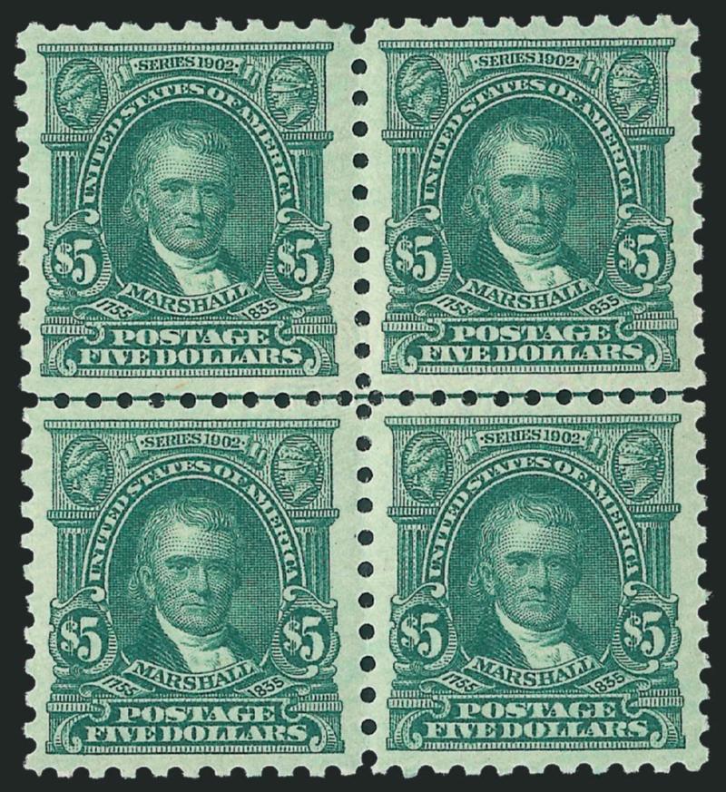 $5.00 Light Green (480).> Block of four with horizontal guide line, lightly hinged, handsomely centered, Very Fine-Extremely Fine