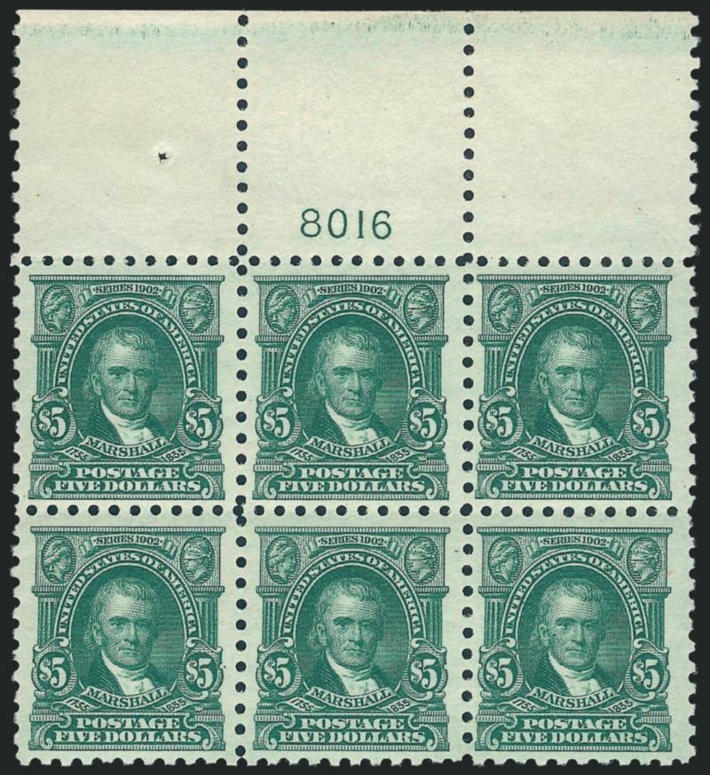$5.00 Light Green (480).> Mint N.H. top plate no. 8016 block of six with wide selvage, radiant color on bright paper, wide margins<><>^VERY FINE. A PRISTINE MINT NEVER-HINGED WIDE TOP PLATE NUMBER BLOCK OF SIX
OF THE $5.00 MARSHALL 1917 PERF 10 ISS