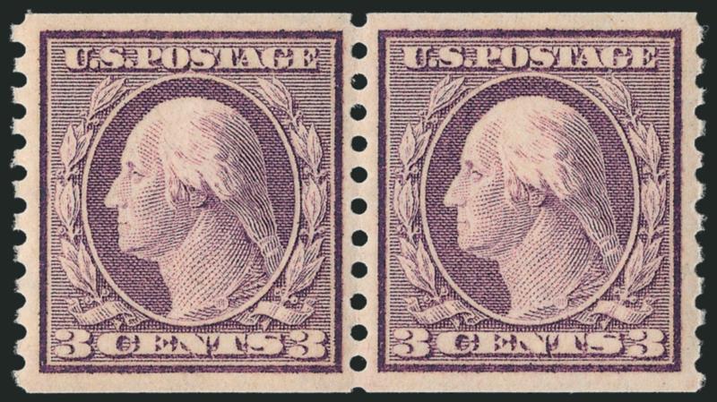 3c Violet, Ty. I, Coil (493).> Mint N.H. pair, pretty shade, unusually choice centering with wide margins all around, Extremely Fine Gem, a superb stamp in every respect, with 2007 P.S.E. certificate (Superb
98 SMQ $500.00), this is the highest grad