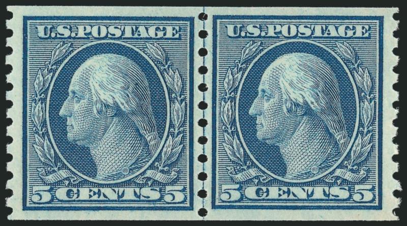 5c Blue, Coil (496).> Mint N.H. joint line pair, rich color and detailed impression, wide and well-balanced margins, Extremely Fine Gem, with 2010 P.S.E. certificate (Superb 98 SMQ $470.00), only one has
graded higher to date and only six others sha
