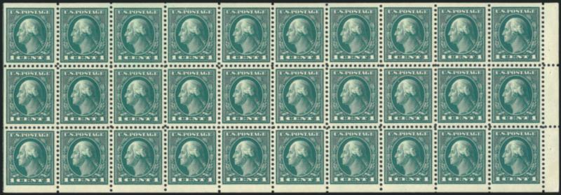 1c Green, A.E.F. Booklet Pane (498f).> Lightly hinged, radiant color, unusually choice centering throughout, fresh and Extremely Fine, a difficult issue to find with such choice centering and certainly one of
the finest we have encountered, with 1988