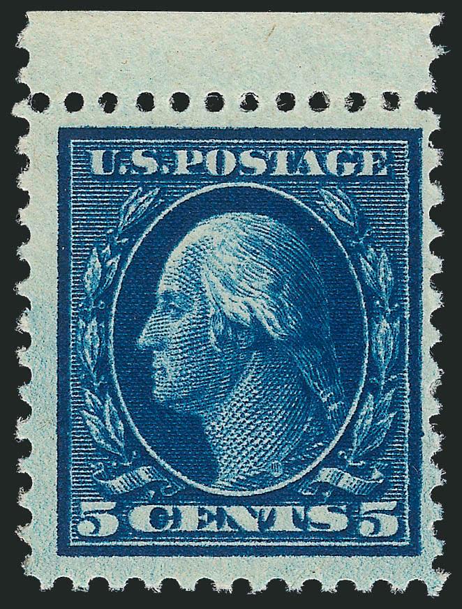 5c Blue, Double Impression (504b).> Lightly hinged, selvage at top, incredibly intense shade caused by the clear doubling of the design, bright and fresh, Fine, ex Georgetown, with copy of 1972 A.P.S.
certificate for plate no. block of six