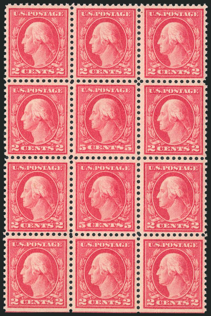 5c Rose, Error (505).> Mint N.H. double error in a block of 12, natural s.e. at bottom, vivid color and choice centering, much better than typically found<><>^EXTREMELY FINE. A SHOWPIECE MINT NEVER-HINGED
EXAMPLE OF THE 5-CENT PERF 11 DOUBLE ERROR,