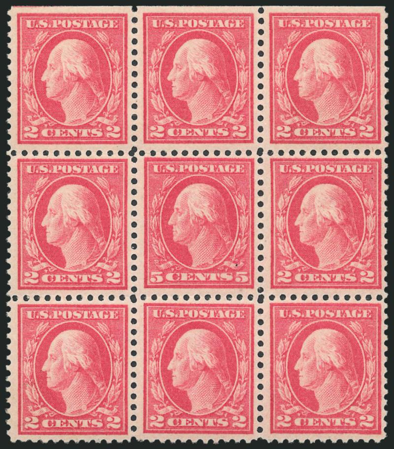 5c Rose, Error (505).> Mint N.H. block of nine, center stamp the error, bright color, Fine