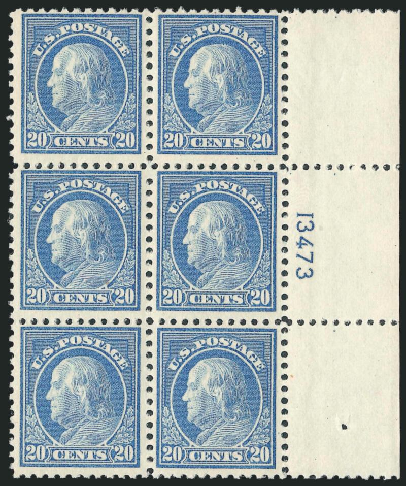 20c Light Ultramarine (515).> Mint N.H. wide right plate no. 13473 block of six, trivial natural wrinkle, Fine