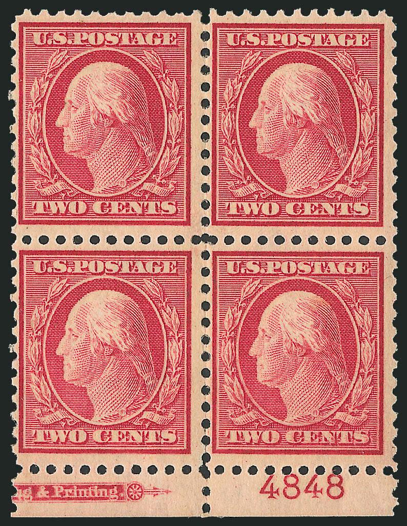 2c Carmine (519).> Block of four with bottom part imprint and plate no. 4848 selvage, faintly hinged, Fine, with 2010 P.S.E. certificate