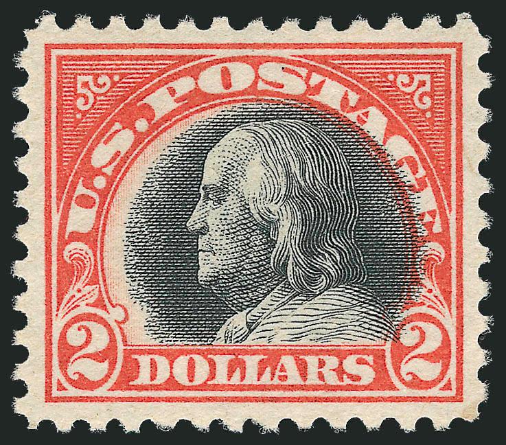 $2.00 Orange Red & Black (523).> Mint N.H., nearly perfectly centered, pristine colors and gum, vignette shifted to right into frame, Extremely Fine, with 2005 P.S.E. certificate (XF 90 SMQ
$1,700.00)