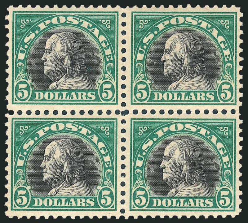 $5.00 Deep Green & Black (524).> Mint N.H. block of four, rich color and choice centering, Extremely Fine, Scott Retail as singles