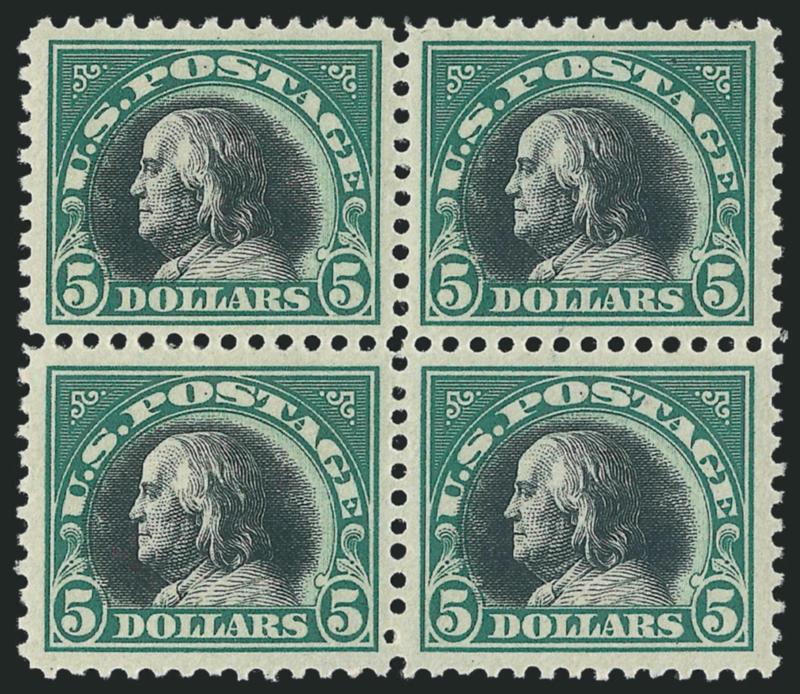 $5.00 Deep Green & Black (524).> Mint N.H. block of four, nicely centered and with choice margins, strong vignette color and intense vignette, natural errant perf in bottom pair, Very Fine-Extremely
Fine,