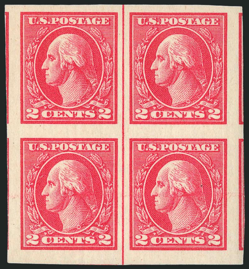 2c Carmine, Ty. V, Imperforate (533).> Mint N.H. block of four, large to enormous margins showing parts of four adjoining stamps, pristine color and paper, Extremely Fine, with 2008 P.S.E. certificate