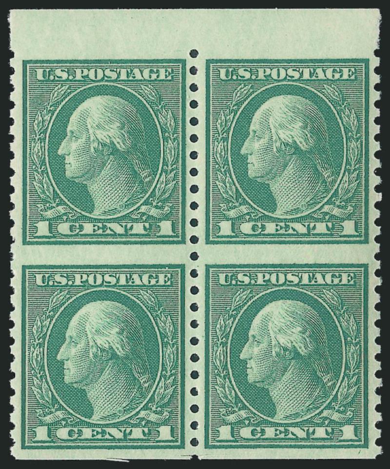 1c Green, 2c Carmine Rose, Rotary Perf 11 x 10, Vertical Pair, Imperforate Horizontally (538a, 540a).> Mint N.H. blocks of four, rich colors, Very Fine-Extremely Fine, each with 2002 P.S.E. certificate for
block