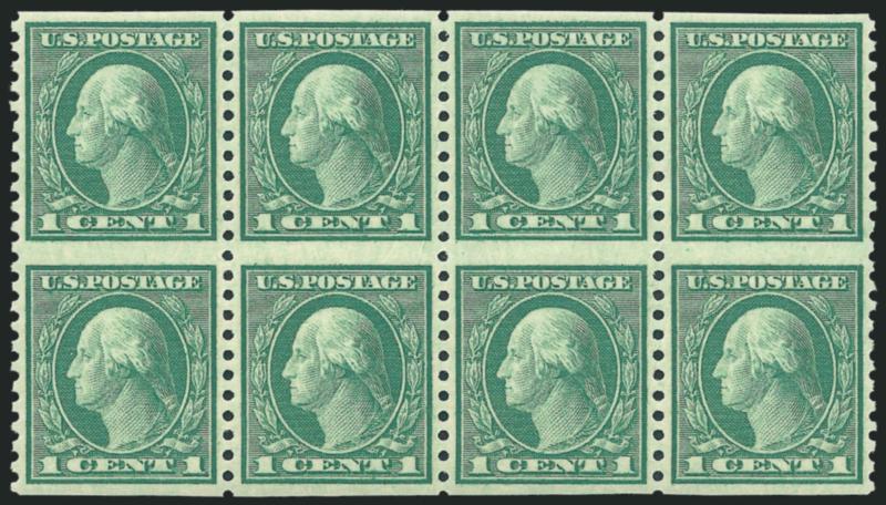 1c Green, 2c Carmine, Rotary Perf 11 x 10, Vertical Pair, Imperforate Horizontally (538a, 540a).> Mint N.H. horizontal blocks of eight, beautifully centered, Extremely Fine, each with 2009 P.S.E.
certificate