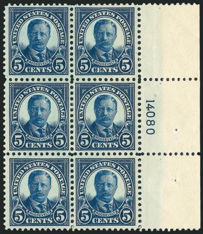 5c Dark Blue (557).> Wide right plate no. 14080 block of six, lightly hinged, beautiful margins and centering, deep color on bright paper, Extremely Fine Gem, perfection